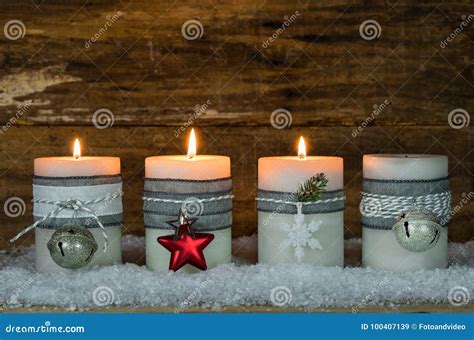 Christmas Candles Decorated with Ornaments for Advent Season Stock ...