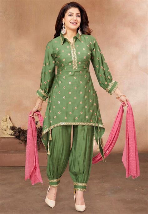 Buy Embroidered Art Silk Punjabi Suit In Light Green Online KGZT5187