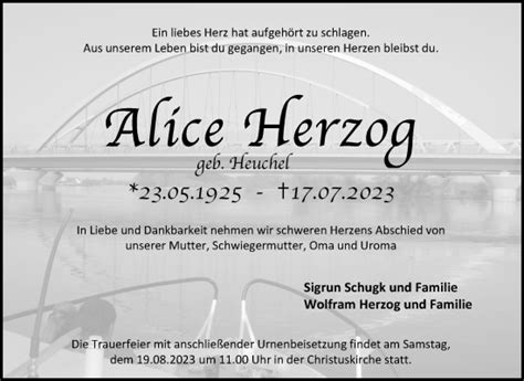 Traueranzeigen Von Alice Herzog Abschied Nehmen De