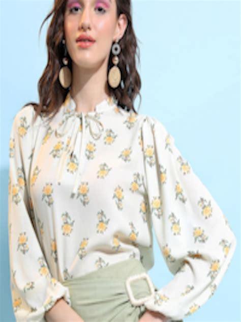 Buy Tokyo Talkies Off White Floral Printed Tie Up Neck Regular Top