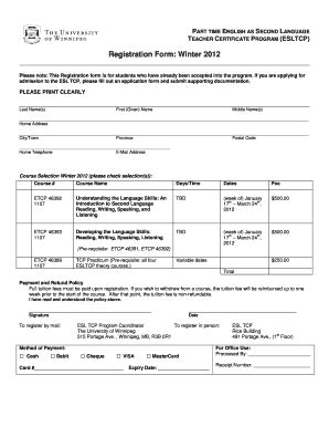 Fillable Online Uwinnipeg ESLTCP PT Registration Form Winter 2012