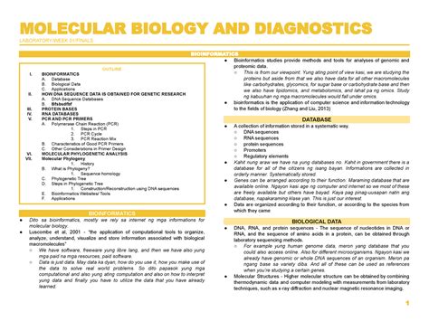 Molbio LAB Finals WEEK 1 MOLECULAR BIOLOGY AND DIAGNOSTICS LABORATORY