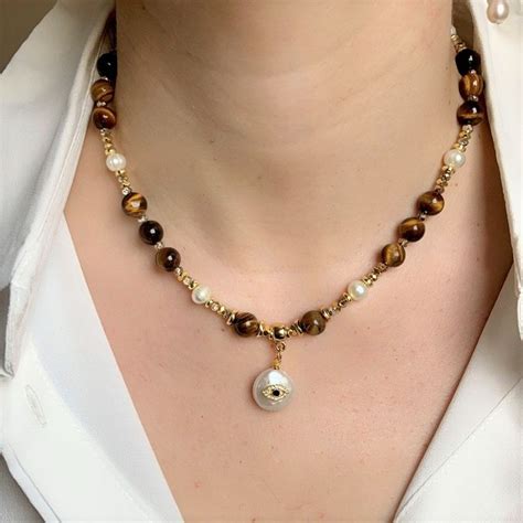 Tiger S Eye Gemstone Necklace Brown Necklace With Baroque Pearl Beaded