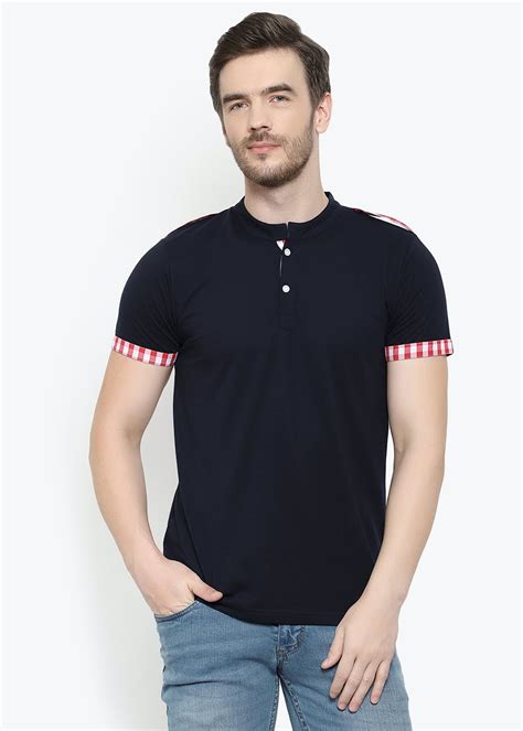 Get Checkered Sleeve Trim Detail Navy T Shirt At Lbb Shop