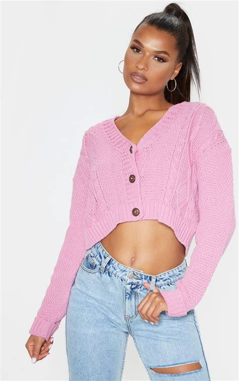 Pink Cable Cropped Cardigan Cropped Cardigan Casual Outfits Pink