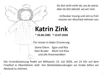 Traueranzeigen von Katrin Zink Schwarzwälder Bote Trauer