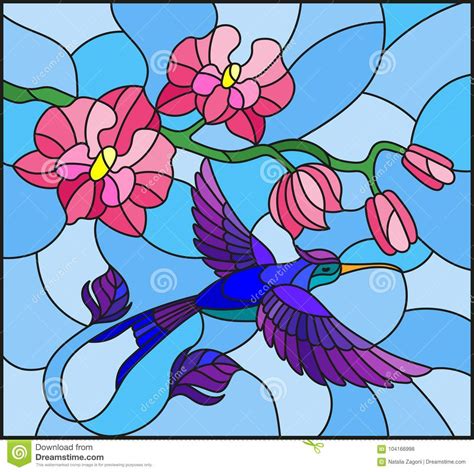 Stained Glass Illustration With A Branch Of Pink Orchid And Bright Bird