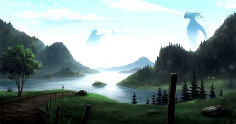 Wallpaper Landscape Anime Lake Nature Morning Mist Wilderness