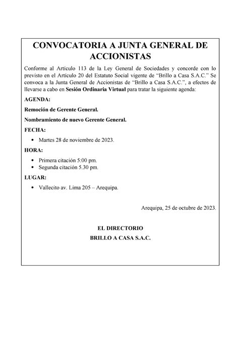 Constancia DE Convocatoria CONVOCATORIA A JUNTA GENERAL DE