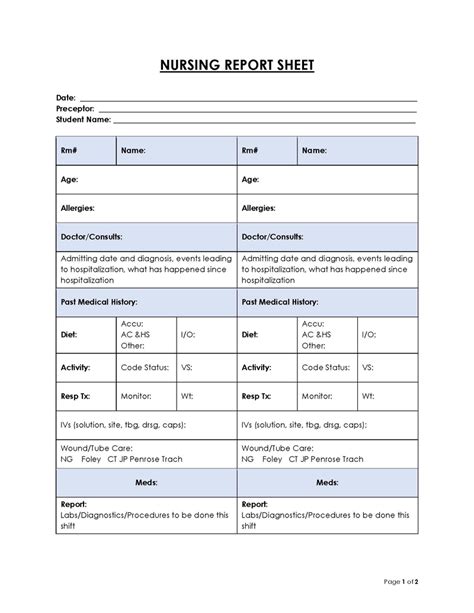 Free Nursing Report Sheets Templates