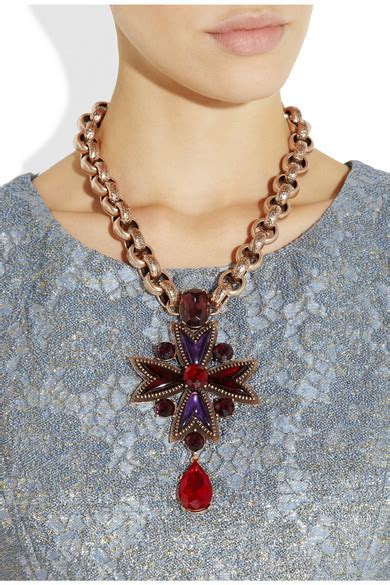 Oscar De La Renta 24 Karat Gold Plated Crystal And Cabochon Necklace