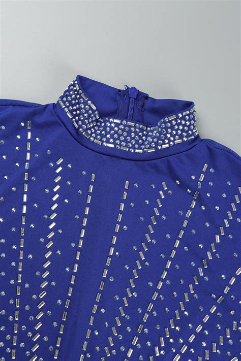 Wholesale Rose Red Sexy Patchwork Hot Drilling See Through Half A Turtleneck Long Dress Dresses