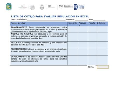 Lista De Cotejo Para Evaluar Simulacion Excel Lista De Cotejo Para