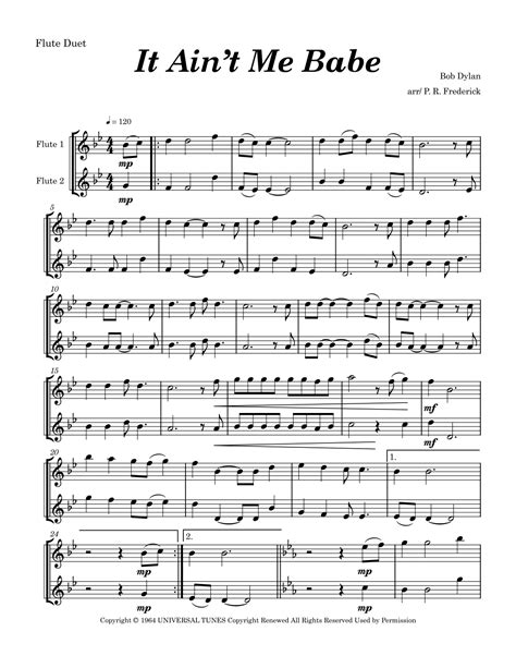 It Ain T Me Babe Arr P R Frederick By Bob Dylan Sheet Music For Flute Duet At Sheet Music