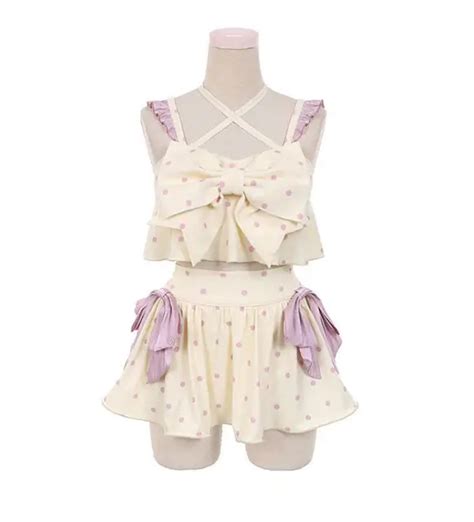 Cute Girls Lolita Ruffle Bikini Sukumizu Cosplay Pink Color Swimsuit Hollowed Multilayer Hem