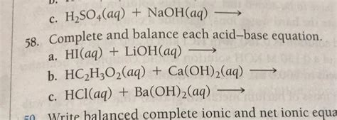 Solved Complete And Balance Each Acid Base Equation C Chegg