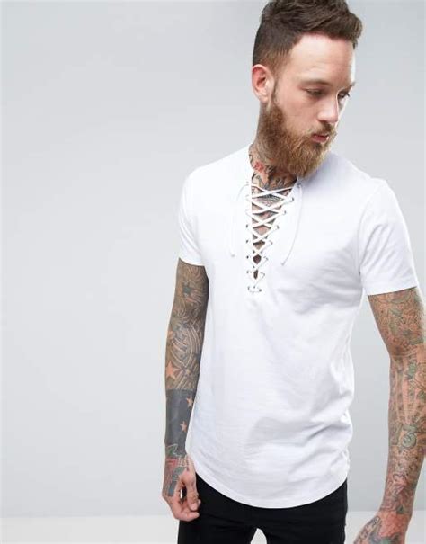 Asos Asos Longline T Shirt With Deep Lace Up Neck And Curve Hem