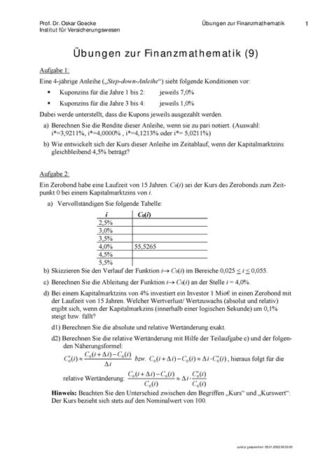 Finanzmathematik Bung Inst It Ut F R Versicherungsw Esen Bungen