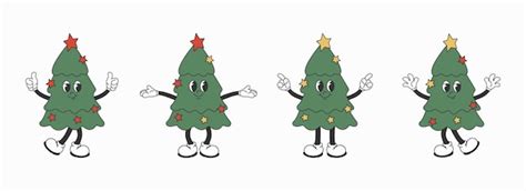 Premium Vector Set Of Groovy Hippie Christmas Tree Characters Cartoon