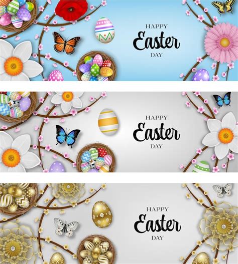 Premium Vector Set Of Easter Banners With Flowers And Colorgul Eggs