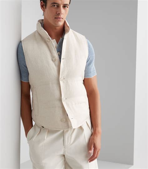 Mens Brunello Cucinelli Neutrals Linen Blend Down Filled Gilet Harrods UK