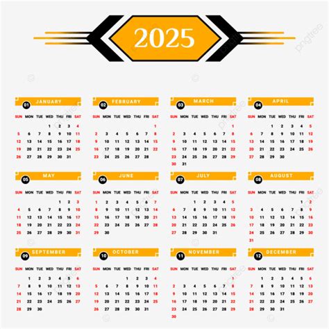 Calendario Anual 2025 Con Estilo Geométrico Negro Y Amarillo Vector PNG