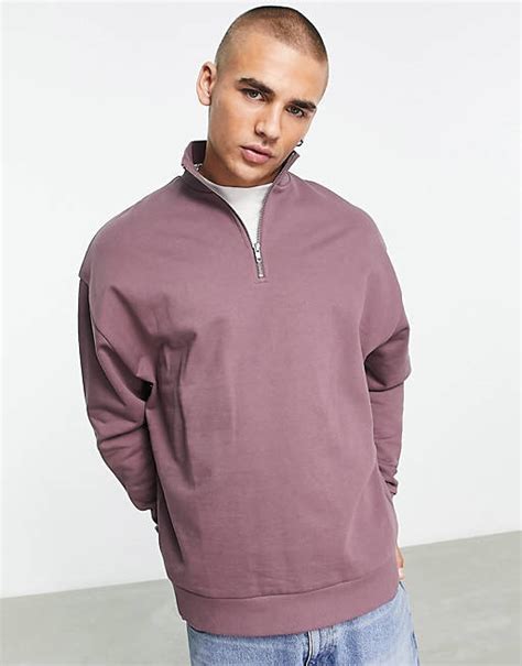 Asos Design Oversized Half Zip Sweatshirt In Washed Purple Asos