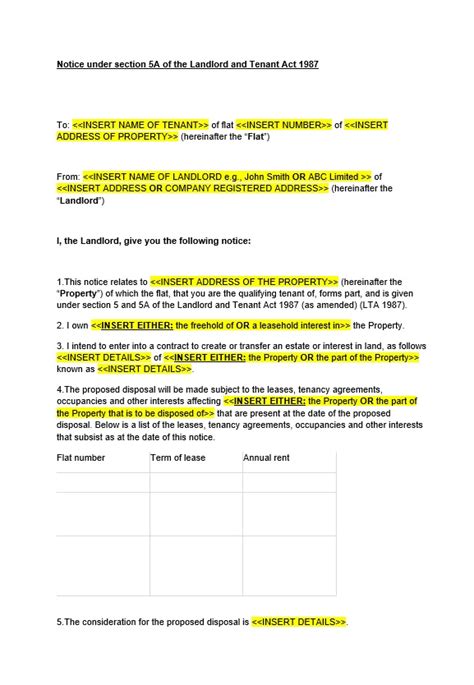 Notice Under Section 5A Of The Landlord And Tenant Act 1987