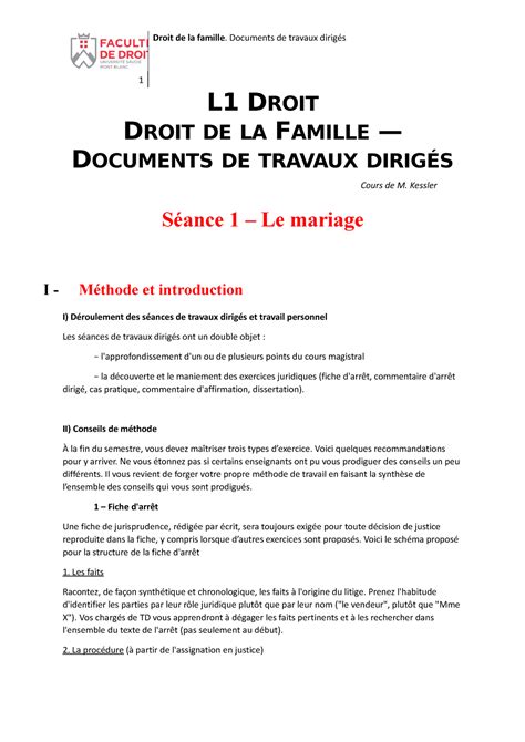 TD 1 Le Mariage L1 DROIT DROIT DE LA FAMILLE DOCUMENTS DE TRAVAUX