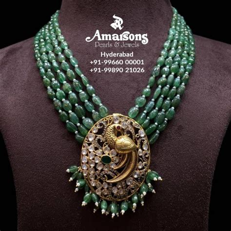 Emerald Beads Necklace With Peacock Polki Pendant