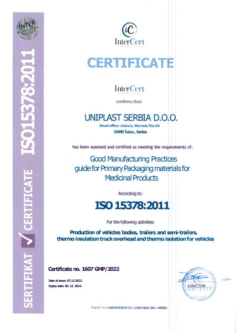 Sertifikat 15378 Uniplast Uniplast SerbiaUniplast Serbia