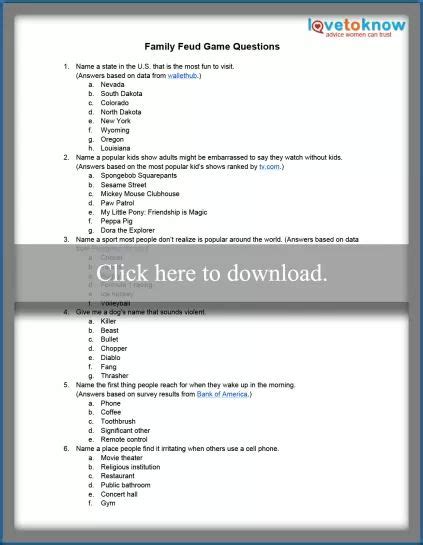 Printable Family Feud Game Questions (and Answers) | LoveToKnow ...