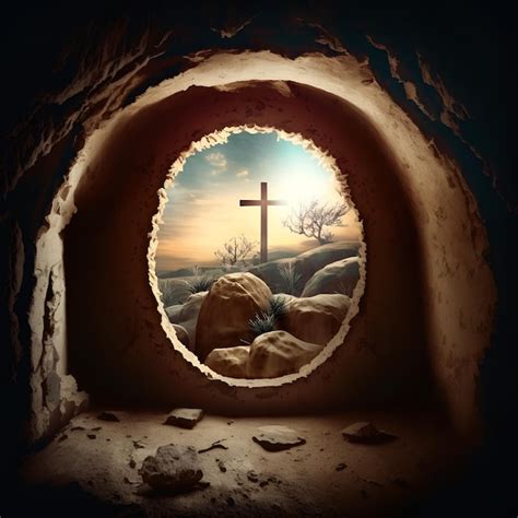 Concepto de pascua y resurrección con la tumba vacía de jesús Foto