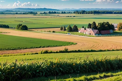 Ein Bauernhof Auf Dem Land Mit Einem Weizenfeld Und Einem Haus In Der