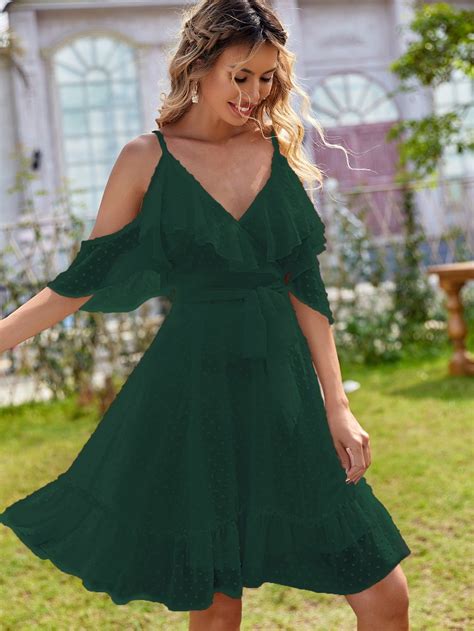 Dark Green Boho Half Sleeve Chiffon Plain A Line Embellished Non