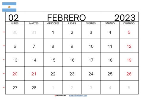 Calendario Febrero 2023 Argentina Para Imprimir