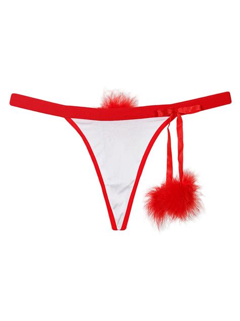 Red G String Thong Two Tone Faux Fur Pom Poms Sexy Women Panties