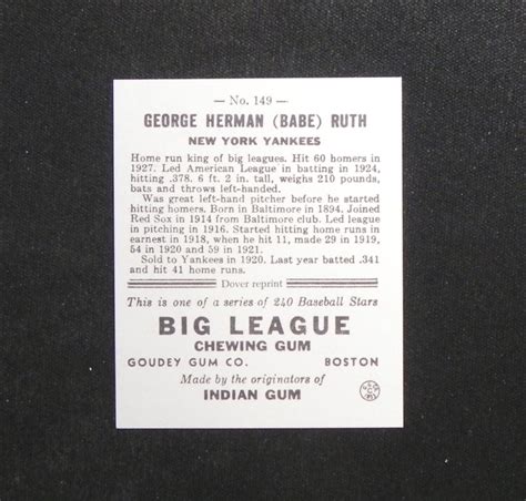 Babe Ruth Goudey Gum Company Dover Reprint Exact Card D