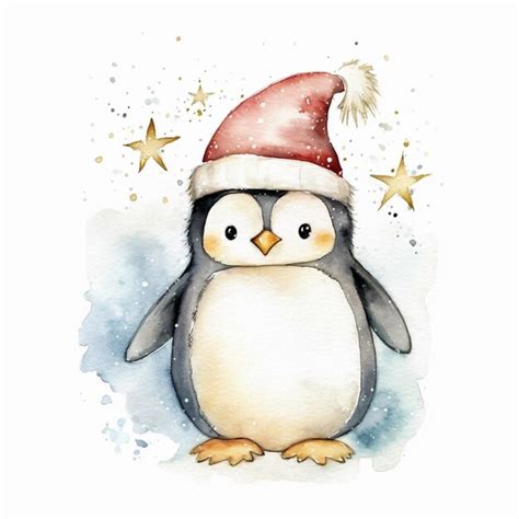 Premium Photo There Is A Watercolor Painting Of A Penguin Wearing A