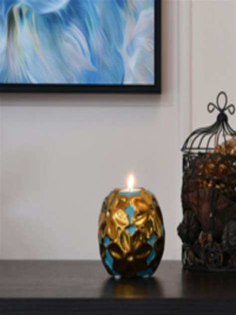 Buy Athome By Nilkamal Gold Toned Turquoise Blue Floral Round Candle