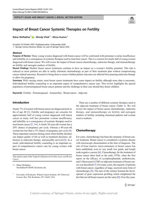 Impact Of Breast Cancer Systemic Therapies On Fertility