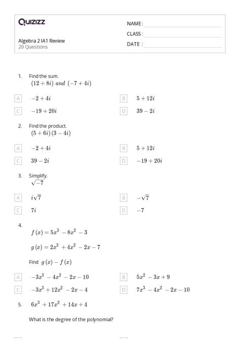 Printable Algebra 2 Worksheets For Year 12 Quizizz