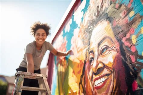 Premium Photo Artist Painting Vibrant Mural With Joyful Expression