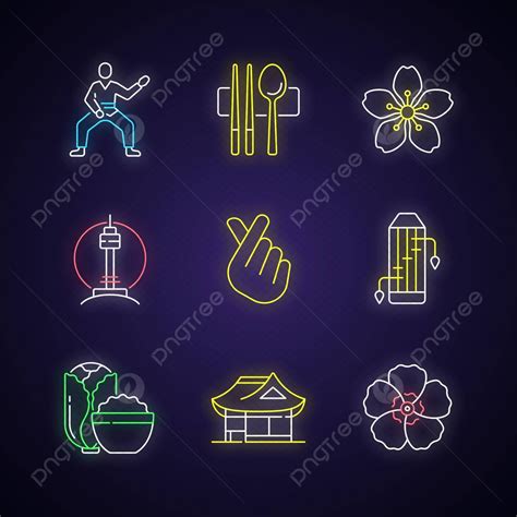 Korean Culture Neon Light Icons Set Effect Tourist Contour Vector