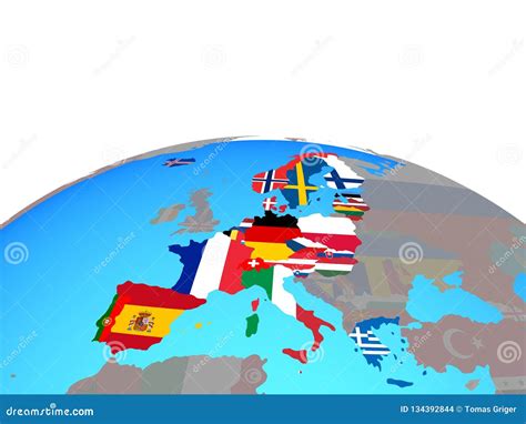 Map Of Schengen Area Members With Flags On Globe Stock Illustration