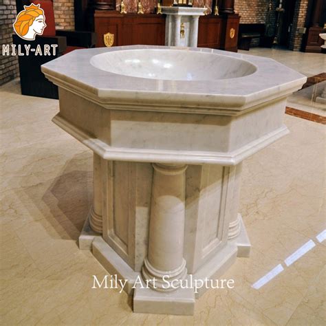 Church Item Custom Hand Carved Natural White Marble Baptismal Font