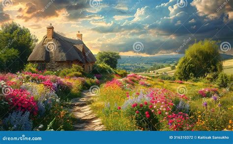 Thatched Roof Cottage In The Middle Of A Summer Flower Field Stock