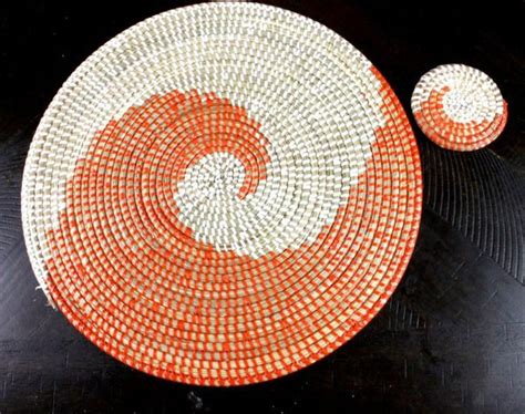 African Senegalese Boho Woven Seagrass Placemats Orange Natural Wicker