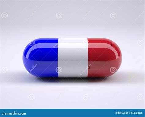 Pill With French Flag Wrapped Around It And Red Ball Inside Stock