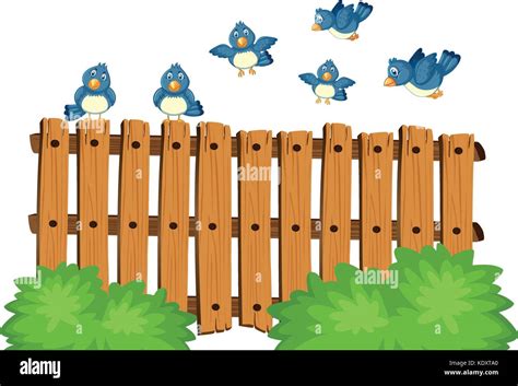 Blue Birds Flying Over Wooden Fence Illustration Stock Vector Image